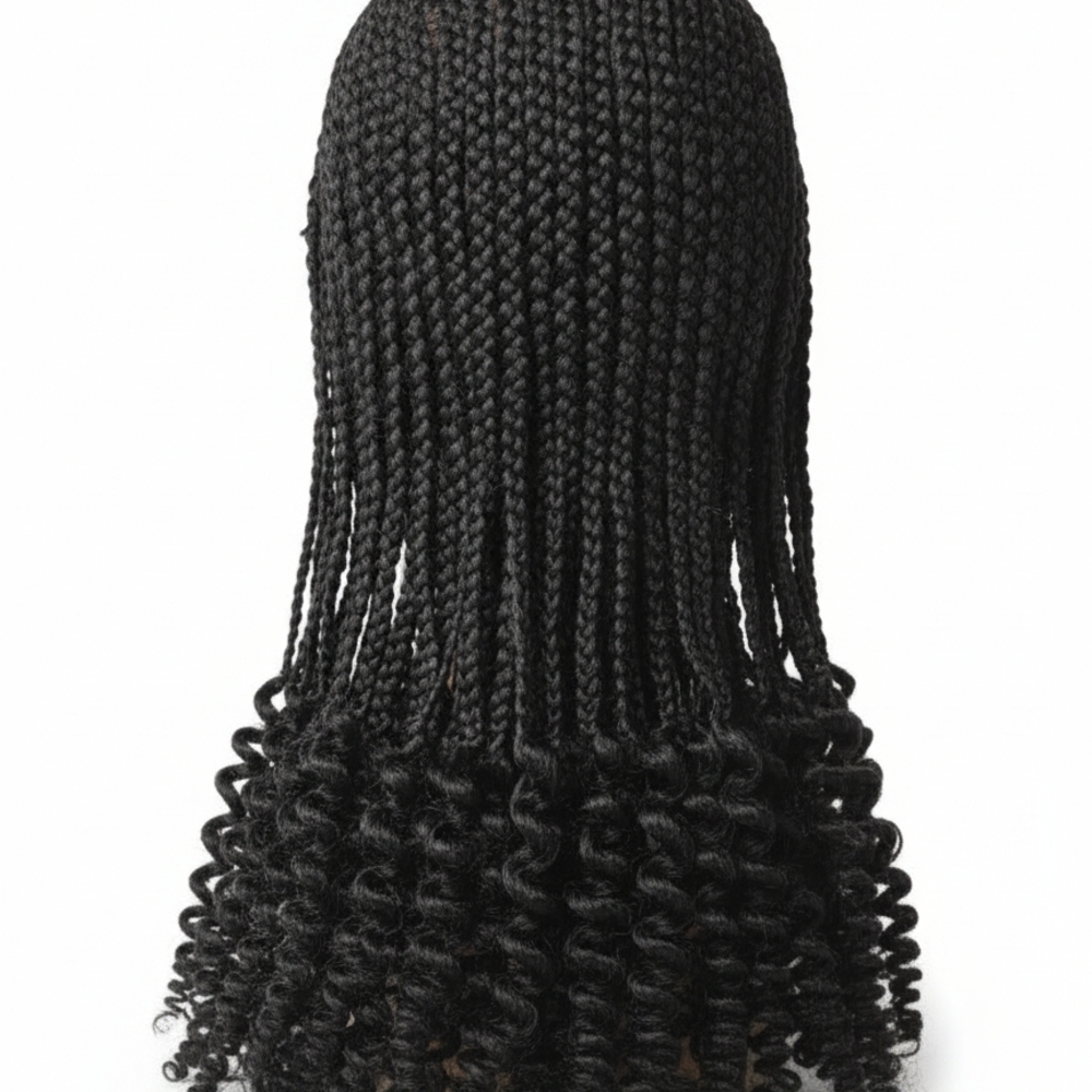 Black Braided Wig with Curly Ends
